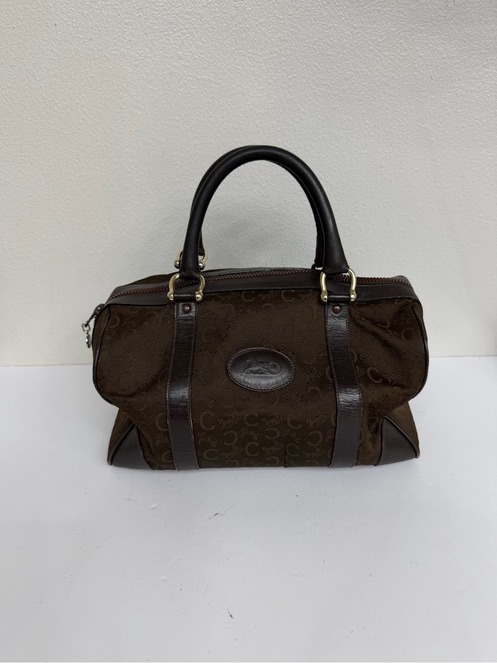 Vintage CELINE C Macadam Monogram Boston Bag Brown Canvas Leather Handbag Italy